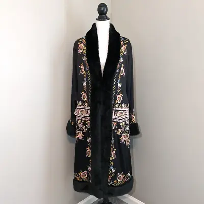 Vintage Sue Wong Nocture Black Embroidered Silk Duster Coat Floral Size 14 • $399.97