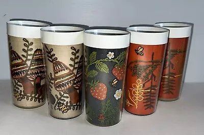 Vtg Thermo Serv 5 Insulated Embroidery Tumblers Cups Mushroom Strawberries Retro • $25