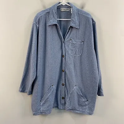 Victoria Jones Womens 3X Blouse Top Shirt Blue Cotton Button Knit Stripe Pockets • $18.85