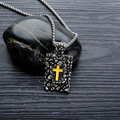 Titanium Stainless Steel Black Holy Bible Cross Rectangle Bar Necklace 27  • $19.50