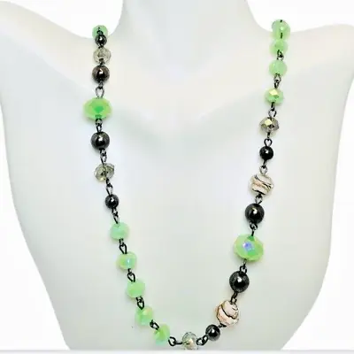 VTG Lime Green Icy Glass Station Layered Necklace 40  Faceted Beaded Girlcore • $35.99