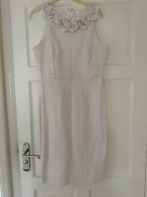 London Times Cocktail Dress White Embroidered Neck Ruffle Lined Size 10 • £10