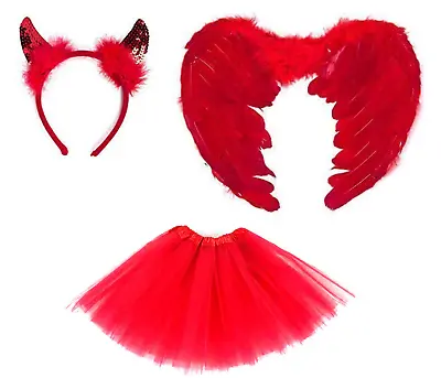 Red Devil Fancy Dress Set Sequin Horns Feather Wings Tutu Skirt Halloween • £5.99