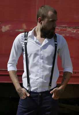 $14.99 • Buy Mens Leather Suspender Braces Y-Back Snap Hook Adjustable Belt Trousers