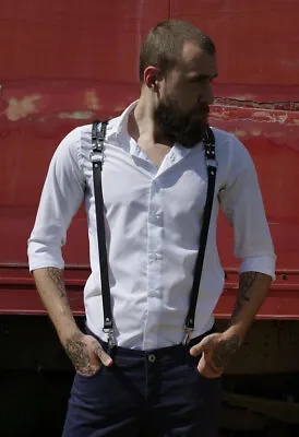 ON SALE!! Men Leather Suspender Braces Y-Back Snap Hook Adjustable Belt Trousers • $12.99