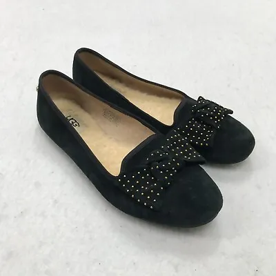 UGG Suede Alloway Studded Bow Flats Womens 8 Black Wool Lined 1004766 FLAW • $25