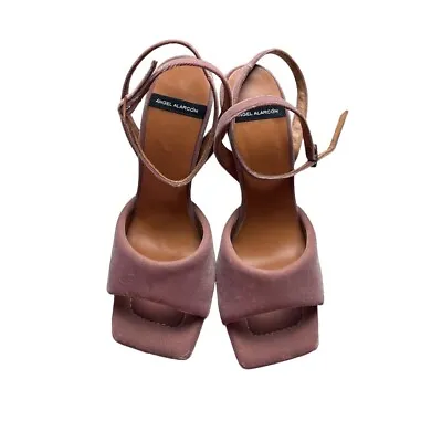 Anthropologie Angel Alarcon Puffy Ankle Straps Pink Velvet Slides Sandals 41 • $80