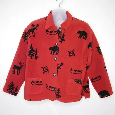 Sweet Jessie Vtg 90s Red And Black Sherpa Fleece Bear Moose Tree Jacket Large • $15.33