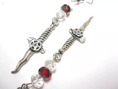 Halloween Earrings Dagger Knife Pentagram Dirk Stiletto Red Silver • $12.99