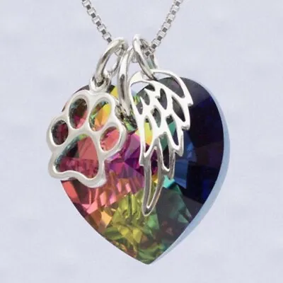 925 Sterling Silver Fire Rainbow Mystical Topaz Paw Angel Wing Pendant Necklace • $15.74