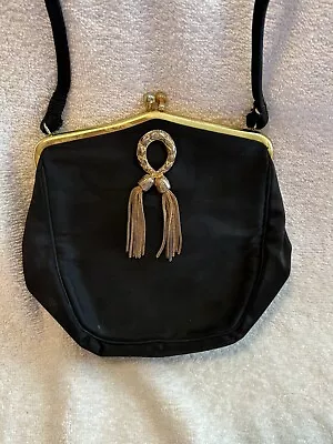 Harry Rosenfeld Black Gold Gilt Metal Tassel Evening Bag Made In Italy 1960s • $49