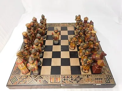 Chess Set Aztec Mayan Incas VS Spanish Conquistadors Vtg Hand Painted Portable • $79.99