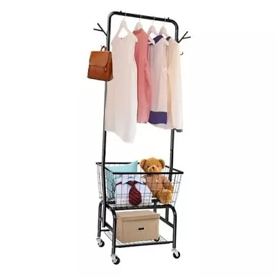 Laundry Cart With Wheels And Hanging Rack Garment Rack Black - With Coat Rack • $100.78