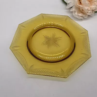 Vintage Amber Glass Star Pattern Geometric Plate 8” Salad Plate • $10.50