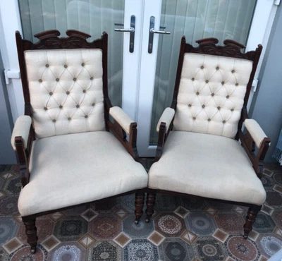£180 • Buy PR Victorian Mahogany Cream Upholstered Library Reading Armchair X 2 Vintage