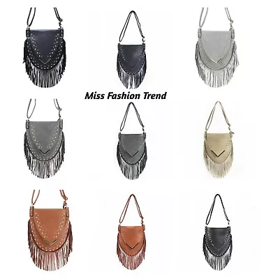 Ladies Fringe Shoulder Bag Women's Tassel Diamante Stud Flap Over Handbag New  • £18.56