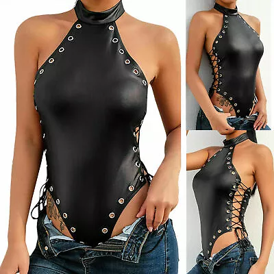 £10.09 • Buy Women Sexy Underwear Drawstring Faux Leather Bodycon Lingerie Halter Bodysuit UK