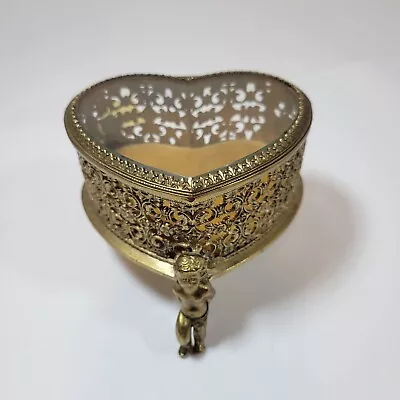 Vintage Heart Ormolu Jewelry Casket Trinket Box Chrubs Baroque Yellow Cushion • $35.99