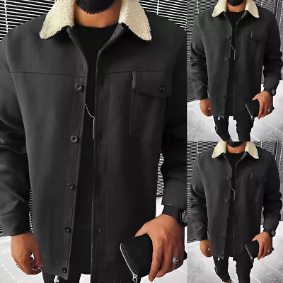 Men Lapel Fur Collar Button Cargo Jacket Long Sleeve Sherpa Outwear Work Coat UK • £19.49