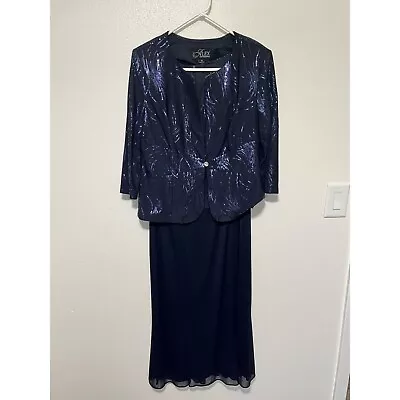 Alex Evenings 2 Pc Formal Dress Mother Of The Bride Navy With Sequins Womans Siz • $70