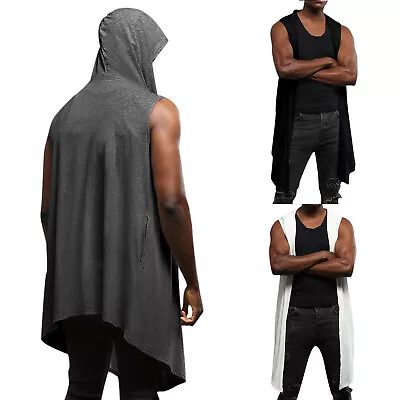 Men Draped Cardigan Long Hooded Sleeveless Open Front Cardigan With Pockets • $20.69