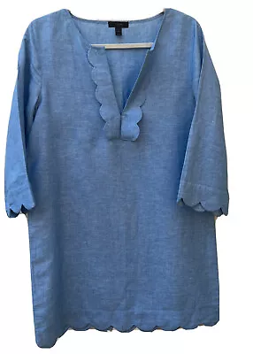 New $118 J Crew Dress Linen Blue Chambray Scallop Hem 3/4Sleeve Women XSmall BC • $29.96