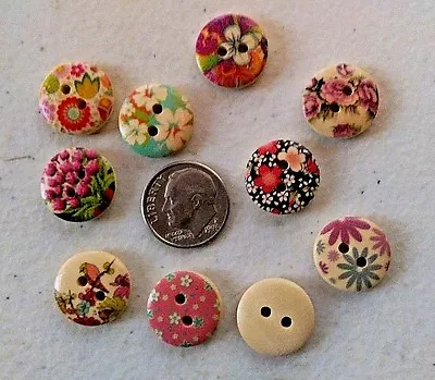 Pkg Of 20 FLORAL DESIGN 2-hole Wooden Buttons 5/8  (15mm) Scrapbook Craft (9081) • $4.55