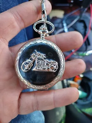 Infinity Quartz Motorcycle Biker Pocket Watch On Chain Black Silver Tone • $20