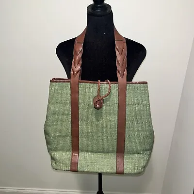 Eddie Bauer Leather & Rayon Blend Green Tote Bag Magnetic Close + Strap & Ball • $12.99