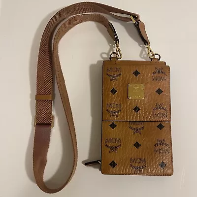 MCM Visetos Cognac Leather Phone Case / Wallet Crossbody Bag • $350