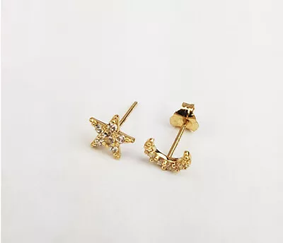 14K Yellow Or White Gold CZ Star And Moon Earrings With Push Backs • $72.59