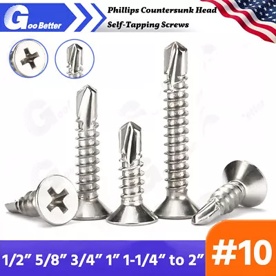 #10 410 Stainless Steel Phillips Countersunk Head Self-Tapping Screws 1/2 To 2  • $6.74