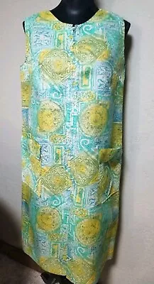 Vintage 60s Floral Medallions Zip Front Casual House Dress Patio Blue Green M/L • $26.99