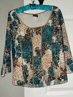 B.moss Blue And Tan Floral Shirt 3/4 Sleeves Sz L • $9.99