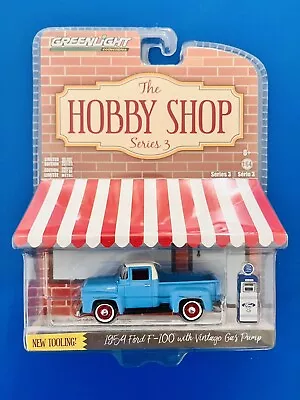 2018 GreenLight The Hobby Shop BLUE 1954 FORD F-100 PICKUP TRUCK & GAS PUMP New! • $39.95