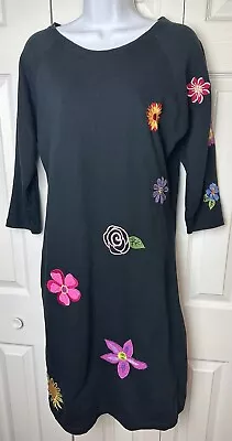 MICHAEL SIMON Lite Black Floral Midi Dress Embroidered Flowers Pink Green Sz S • $38