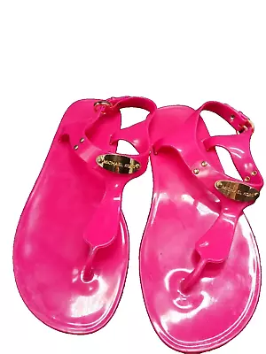  Size 8 MICHAEL KORS MK PLATE JELLY FUSCHIA THONG SANDAL STRAPPY WOMENS SHOES • $14.99