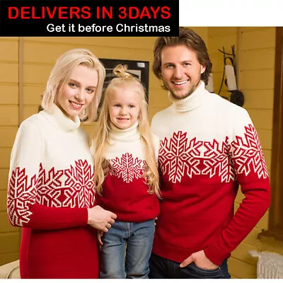 Couple Jumper Family Matching Christmas Sweater  High Neck Snowflake Pullover • £24