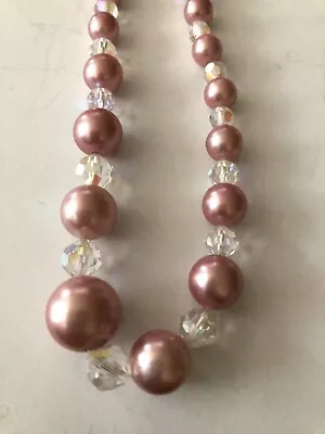 Vintage Coro Pink Pearl & Borealis Crystal Bead Necklace 18” • $20