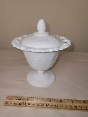 Indiana Glass Open Lace Milk Glass Footed 6.5” Compote Grapes Lid Finial • $10