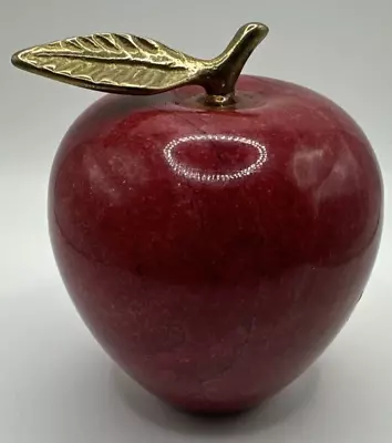 Vintage Red Polished Marble Stone Apple / Brass Leaf Paperweight Decor Display • $14.50