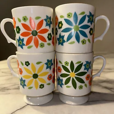 4 Vintage Flower Pedestal Coffee Cups Mod Retro Groovy Daisy Power Footed Mugs • $29.99