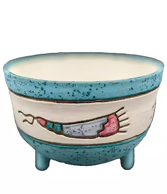 3-Leg Studio Pottery Bowl Speckled Teal Colorful Insect W/Gold Trim Design TG 26 • $22.99