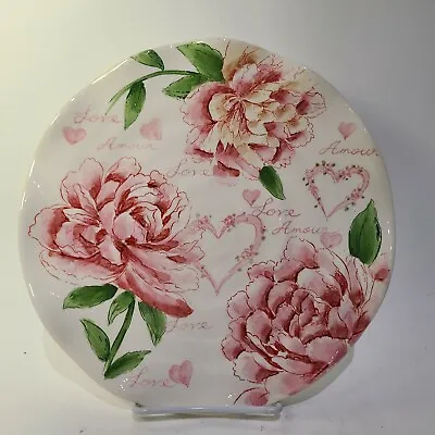 Maxcera  AMOUR   Dinner Serving Plate Pink Peonies 10.5  LOVE  Hand Painted New • $14