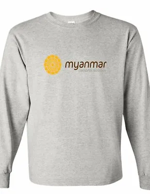 Myanmar National Airlines Travel Asia Tee Yellow Black Long Sleeve Gray T-Shirt • $23.99