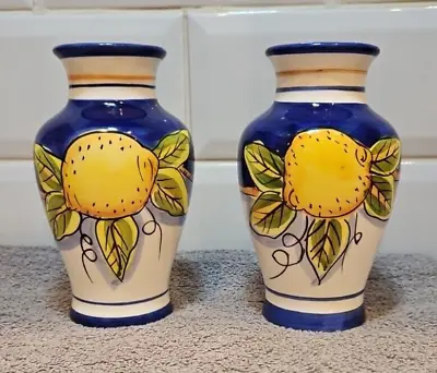 2 X Vintage 2003 RFA Handpainted Vases Lemons Blue & Yellow 5.75 /14.5cm Tall • £11.99