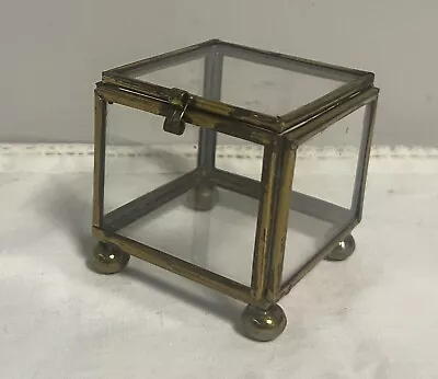 Vintage Clear Glass Brass Framed Square Jewelry Trinket Display Box Ball Feet • $9.99