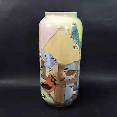 Vintage Hand Painted Porcelain Vase Birds Bird On Feeder Signed 12 Inches SIGNED • $48.97