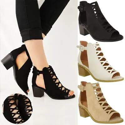 Womens Ladies Low Wedge Heel Sandals Lace Up Cut Out Shoes Ankle Strap Size • £19.99