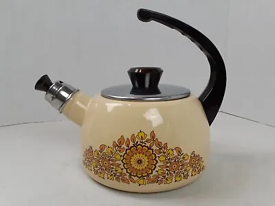 Vintage Metal Enamel Bellied Whistling Teapot Kettle Flower Design Beige Tan 324 • $18.99